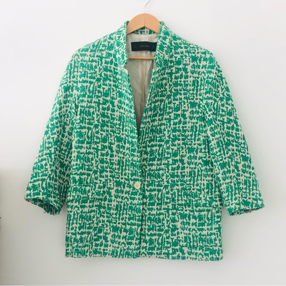 ZARA Green Jacquard tweed Jacket with Patch Pockets SZ M